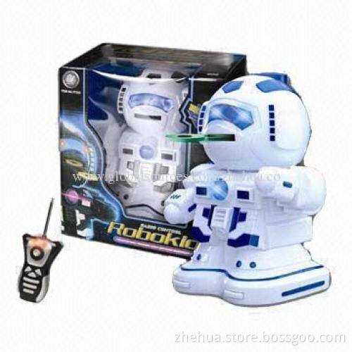Battery operated toy robot with walk, revolve and emit UFO function